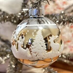 3" Radko Shiny Brite Stenciled Flocked Ornament Reindeer Winter Tree Gold Silver